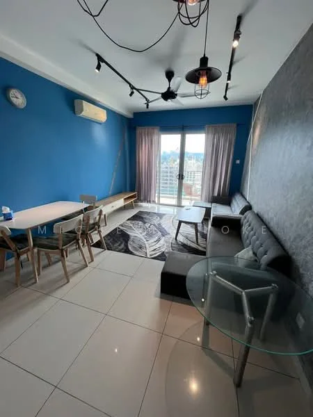 Living features: blue painted walls, grey accent wall, white ceiling, recessed downlights, 5-blade ceiling fan with light, floor-to-ceiling sliding glass door, curtains, 2-seater leather sofa, coffee table, dining table with 6 chairs, area rug with leaf pattern, wall clock, TV console; style: modern; view: city.