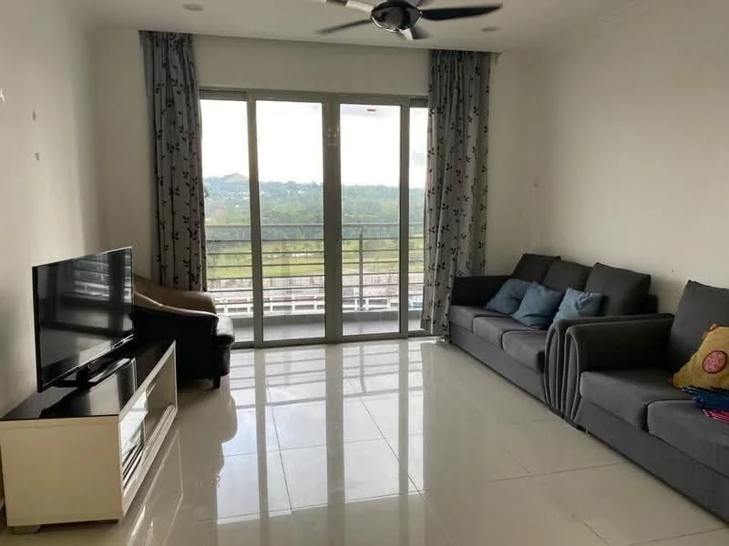 Living features: grey fabric sofa, 2-seater sofa, 3-seater sofa, coffee table, wall-mounted TV, TV console, floor-to-ceiling windows, sliding glass door, curtains with floral pattern, ceiling fan with light, white painted walls, glossy tile flooring; style: modern; view: garden.