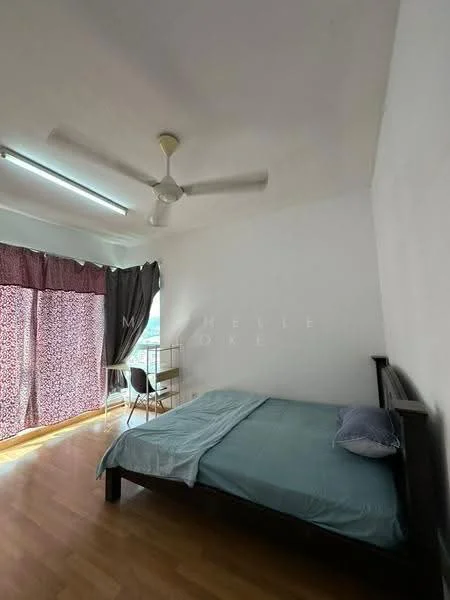Bedroom features: wooden flooring, white painted walls, 5-blade ceiling fan, floor-to-ceiling windows, curtains with floral pattern, single bed, bedside table, chair, desk, natural light from window; style: minimalist; view: city.