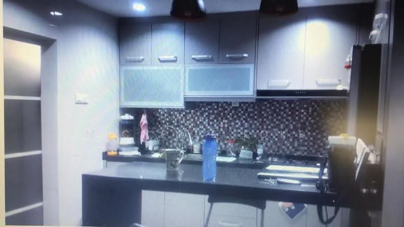 Kitchen features: grey cabinetry, black countertop, mosaic tile backsplash, built-in oven, stainless-steel range hood, 4-burner gas hob, single-bowl stainless-steel sink, chrome pull-down faucet, recessed LED downlights, kitchen appliances, open shelving, wall-mounted storage, floor-to-ceiling cabinet, decorative items on countertop; style: modern.