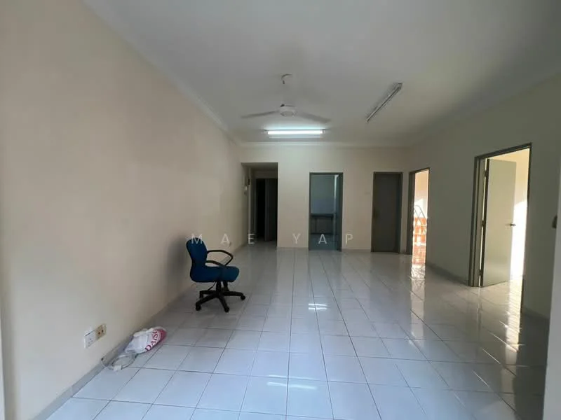 Living features: white painted walls, glossy white tile flooring, ceiling fan, single door, double door, natural light from windows, empty space, chair, light fixtures.