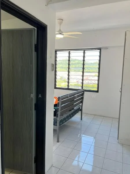 Room features: white painted walls, ceiling fan, white tiled flooring, large windows with metal grilles, sofa, natural light from windows; style: minimalist; view: city.