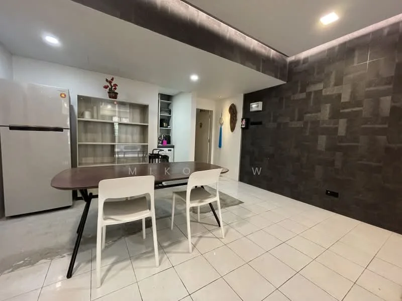 Dining features: white tiled flooring, grey accent wall with stone cladding, white walls, dining table with black legs, 3 white dining chairs, refrigerator, built-in shelving unit, decorative wall art, LED ceiling lights; style: modern.