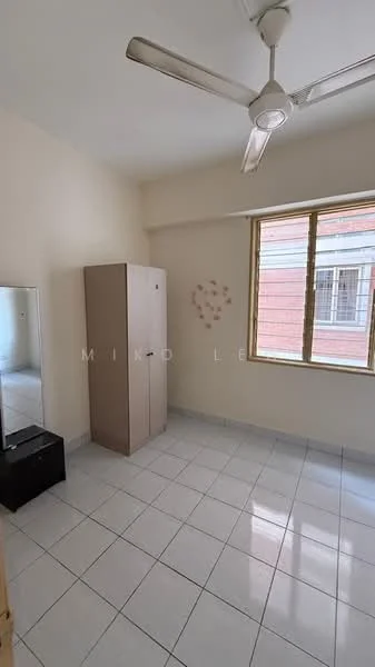 Bedroom features: white painted walls, glossy white tile flooring, ceiling fan, large window with grid pattern, built-in wardrobe, full-length mirror, black bedside table.