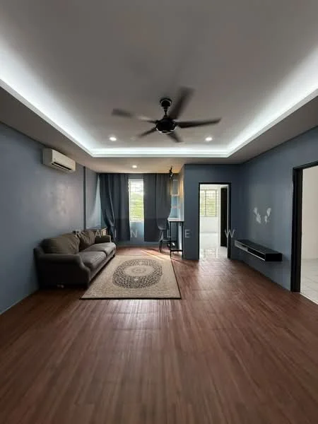 Living features: dark blue painted walls, wooden flooring, 5-blade ceiling fan with light, recessed downlights, sofa in grey, area rug with circular pattern, floor-to-ceiling windows, curtains in dark fabric, wall-mounted TV console, open space leading to other rooms; style: modern.