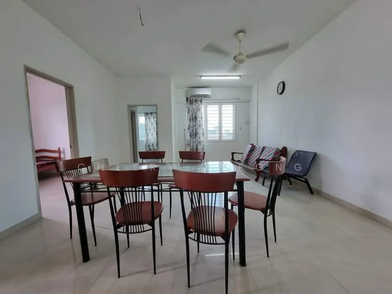 Dining features: 6-seater dining table with glass top, black metal dining chairs, white painted walls, cream tiled flooring, ceiling fan, wall clock, window with sheer curtains, air conditioning unit, mirror on wall, decorative wall art; style: modern. Living features: 2-seater fabric sofa, accent chair, window with sheer curtains; style: modern. Bedroom features: single bed, wooden bed frame, window with sheer curtains.