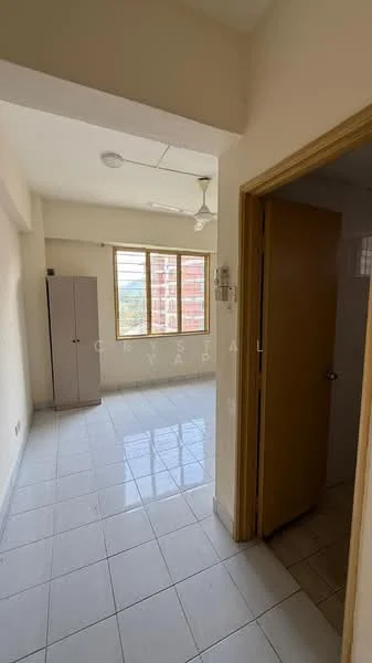 Room features: white painted walls, tile flooring, ceiling fan, large window with city view, built-in wardrobe, doorway leading to another room, natural light, neutral color scheme; style: modern; view: city.