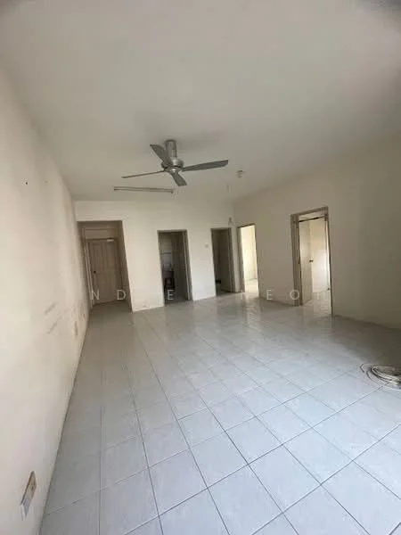 Living features: white painted walls, tile flooring, 5-blade ceiling fan, three doorways leading to other rooms, natural light from doorways, neutral color scheme, no visible furniture, spacious layout.