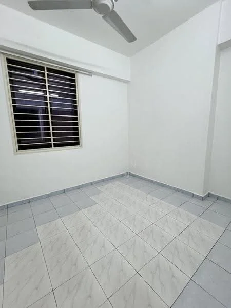 Room features: white painted walls, grey and white tiled flooring, ceiling fan, window with horizontal slats, no visible furniture or decor; style: minimalist.