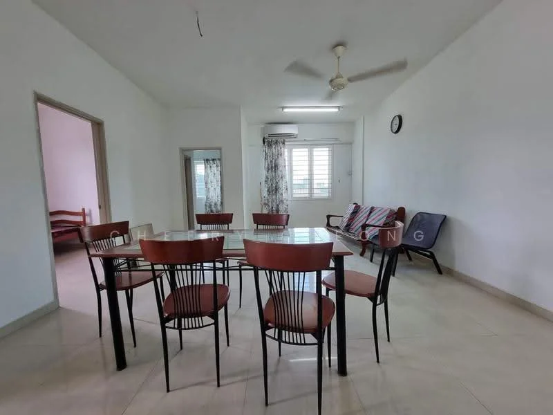 Dining features: 6-seater dining table with glass top, black dining chairs with wooden legs, white painted walls, cream tiled flooring, ceiling fan, wall clock, curtains with floral pattern, window with white frames, sofa in the corner, mirror on the wall; style: modern. Room features: white painted walls, cream tiled flooring.