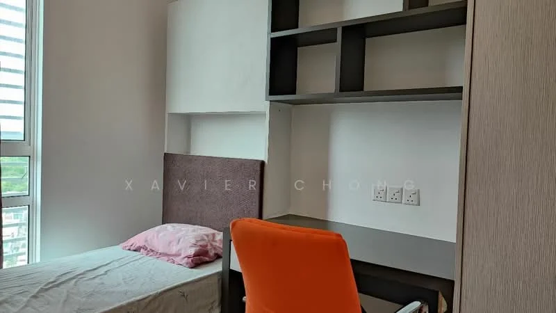 Bedroom features: single bed with white bedding, upholstered headboard, study desk with orange chair, built-in shelving unit, window with blinds, light-colored walls, wooden flooring, power outlets on the wall; style: modern; view: city.