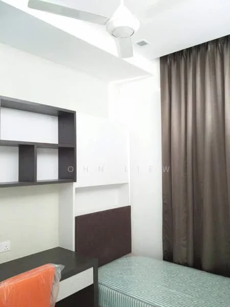 Bedroom features: single bed, upholstered headboard, study desk, built-in shelving unit, dark wood cabinetry, striped bedding, brown curtains, ceiling fan; style: modern.