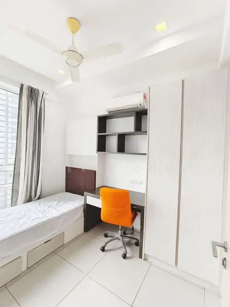 Bedroom features: single bed frame without mattress, white walls, ceiling fan with light, built-in wardrobe with sliding doors, study desk with orange chair, window with sheer curtains, tile flooring, air conditioning unit; style: modern; view: city.
