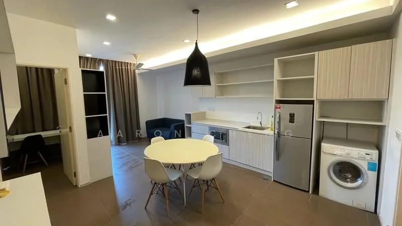 Kitchen features: white cabinetry, stainless-steel fridge, built-in oven, single-bowl stainless-steel sink, chrome pull-down faucet, ceramic tile flooring, recessed downlights, washing machine, round dining table, 4 white dining chairs, pendant light, grey sofa, curtains, open shelving; style: modern.