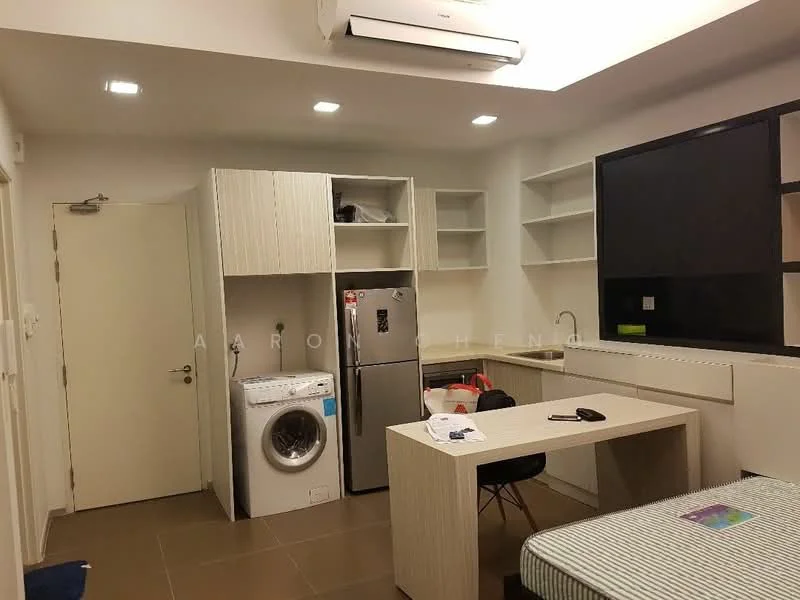 Kitchen features: white cabinetry, open shelving, stainless-steel fridge, built-in oven, single-bowl stainless-steel sink, chrome pull-down faucet, washing machine, countertop with breakfast bar, tile backsplash, recessed LED downlights, wall-mounted split AC, grey tile flooring; style: modern.