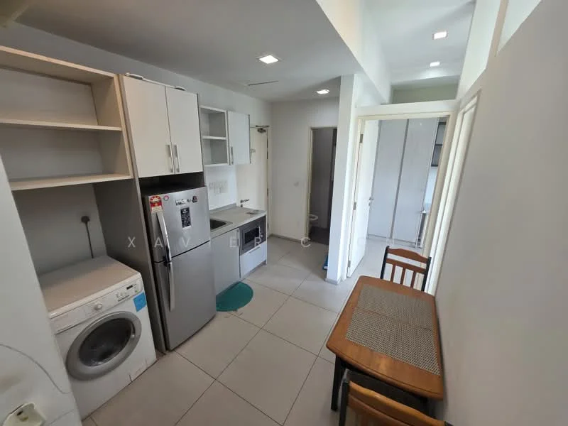 Kitchen features: white cabinetry, stainless-steel fridge, built-in oven, freestanding washing machine, grey countertop, tile backsplash, ceramic tile flooring, dining table with two chairs, open shelving, recessed downlights; style: modern.