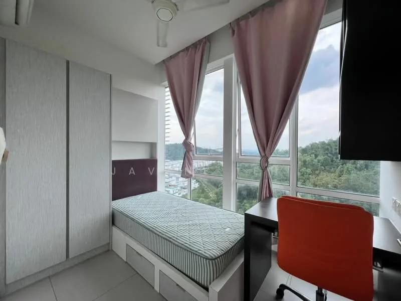 Bedroom features: single bed, grey upholstered headboard, built-in wardrobe with sliding doors, study desk, orange chair, floor-to-ceiling windows, pink curtains, tile flooring, view of greenery, ceiling fan; style: modern; view: garden.