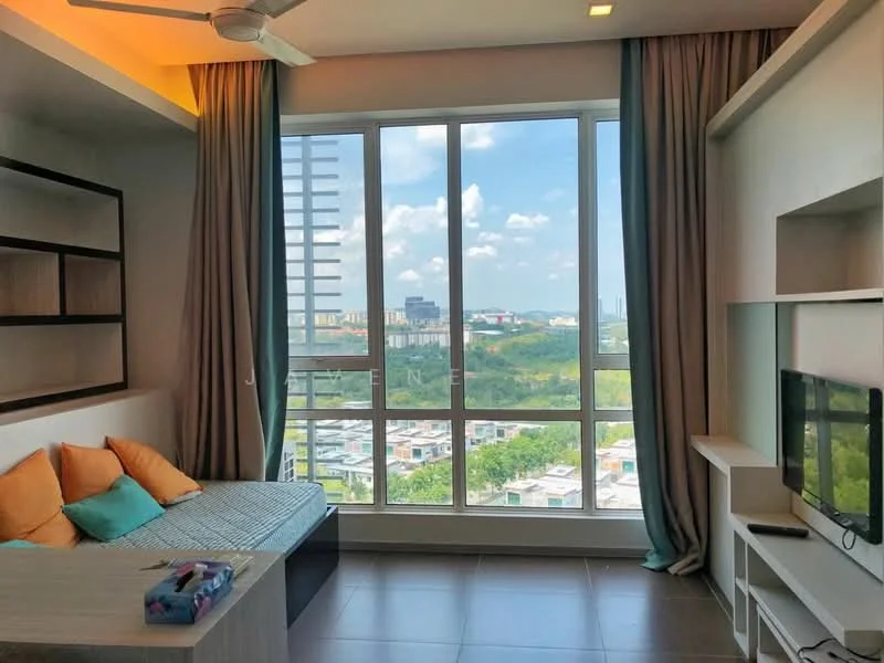 Living features: floor-to-ceiling windows, city view, light grey walls, white ceiling, 5-blade ceiling fan, built-in shelving unit, TV console, sofa with cushions in orange and blue, grey tiled flooring, curtains, decorative items on shelving; style: modern; view: city.