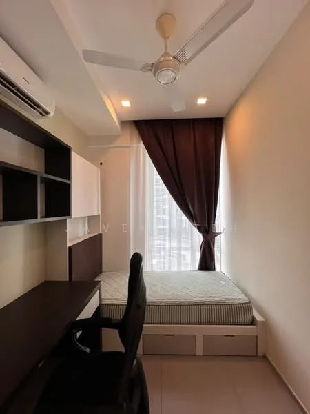 Bedroom features: queen-size bed, upholstered headboard, built-in wardrobe, study desk with chair, wall-mounted air conditioning unit, 5-blade ceiling fan, floor-to-ceiling window, dark brown curtain, light-colored walls, tile flooring; style: modern; view: city.