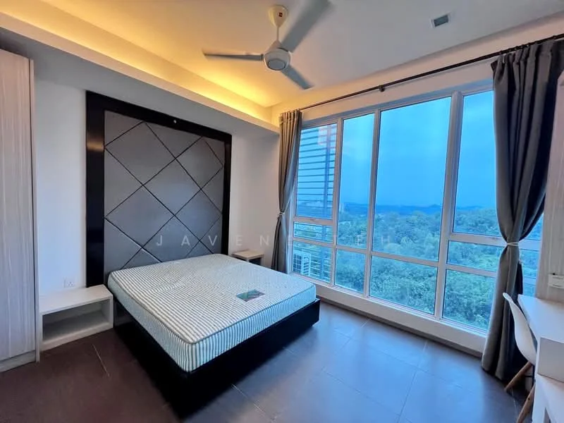 Bedroom features: king-size bed, upholstered headboard, floor-to-ceiling windows, city view, grey curtains, ceiling fan, recessed lighting, laminate flooring, built-in wardrobe, study desk; style: modern; view: city.