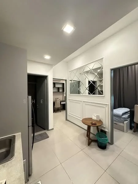 Room features: white painted walls, grey accent wall, tile flooring, recessed downlights, mirror with diamond pattern, wooden round table, green plastic bucket, door leading to another room, door leading to bathroom, curtains, built-in cabinetry; style: modern.