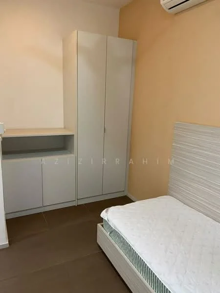 Bedroom features: single bed frame, mattress, built-in wardrobe with sliding doors, open shelving unit, cream painted walls, brown tiled flooring, wall-mounted split AC; style: modern.