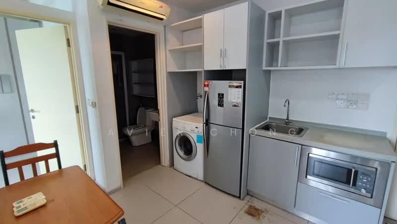 Kitchen features: grey cabinetry, stainless-steel single-bowl sink, chrome pull-down faucet, built-in microwave, front-load washing machine, stainless-steel fridge, countertop, tile flooring, wall-mounted split AC; style: modern. Room features: toilet, unknown wall color, unknown flooring.