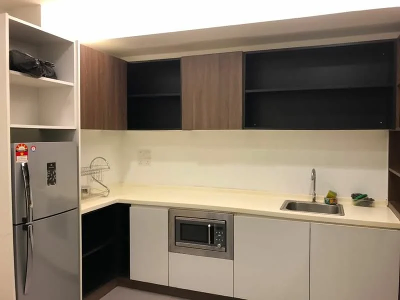 Kitchen features: stainless-steel fridge, built-in microwave, single-bowl stainless-steel sink, chrome pull-down faucet, laminate countertop, wood cabinetry in dark brown, white cabinetry, open shelving, grey tile flooring; style: modern.