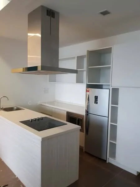 Kitchen features: single-bowl stainless-steel sink, chrome pull-down faucet, quartz countertop, white cabinetry, built-in oven, freestanding range oven, stainless-steel fridge, stainless-steel range hood, ceramic tile flooring, open shelving, wall-mounted cabinets; style: modern.