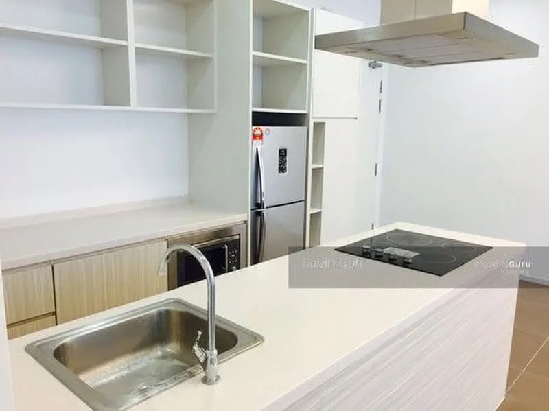 Kitchen features: single-bowl stainless-steel sink, chrome pull-down faucet, white quartz countertop, built-in oven, stainless-steel fridge, 4-burner induction hob, wood cabinetry, open shelving, tile flooring, neutral wall colour; style: modern.