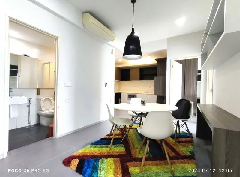 Dining features: round dining table, white dining chairs, colorful area rug with geometric pattern, wall-mounted shelving unit, pendant light fixture, recessed ceiling lights, air conditioning unit, grey tiled flooring; style: modern. Bathroom features: one-piece toilet, sink with cabinet, white tiled walls, grey tiled flooring.