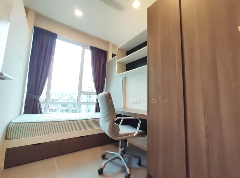 Bedroom features: single bed with striped bedding, built-in wardrobe with wood finish, study desk with shelving above, ergonomic office chair, floor-to-ceiling window, curtains in dark brown, light-colored wall, tile flooring, recessed ceiling lights; style: modern; view: city.