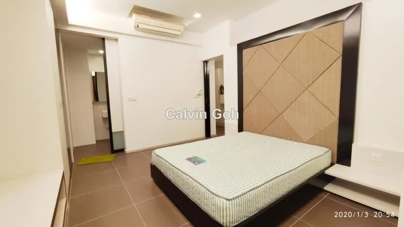Bedroom features: queen-size bed, upholstered headboard with geometric pattern, wall-mounted bedside shelf, built-in wardrobe, floor-to-ceiling window, neutral wall color, tile flooring, air conditioning unit, recessed ceiling lights; style: modern.