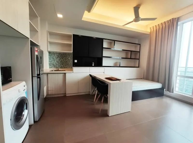 Living features: grey tiled flooring, white painted walls, black cabinetry, open shelving, kitchenette with sink, stainless-steel fridge, built-in microwave, washing machine, ceiling fan, large window with city view, foldable dining table, upholstered bench seating, recessed lighting; style: modern; view: city.