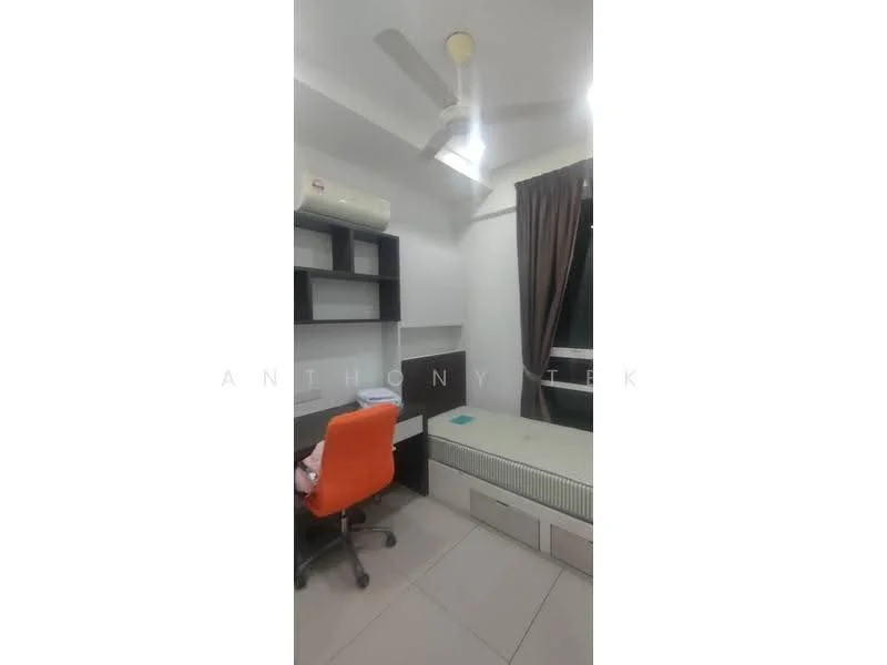 Bedroom features: single bed, study desk with chair, built-in wardrobe, ceiling fan, window with curtains, light grey wall, tile flooring, air conditioning unit; style: modern.