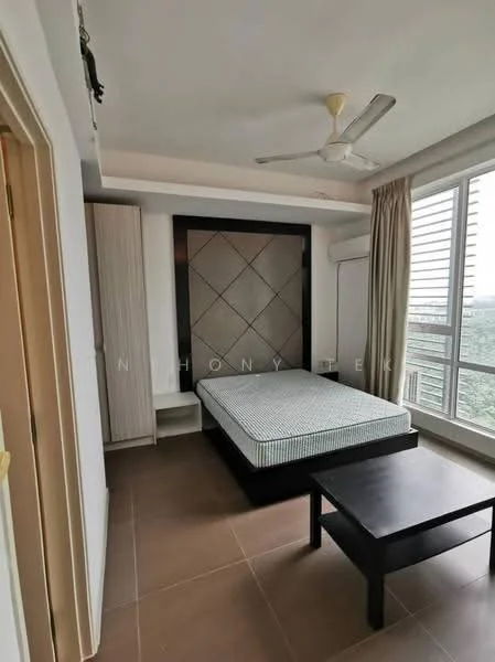 Bedroom features: queen-size bed frame without mattress, ceiling fan, floor-to-ceiling windows, light-colored curtains, built-in wardrobe with sliding doors, neutral wall color, tile flooring, wall-mounted air conditioning unit, black coffee table; style: modern; view: garden.