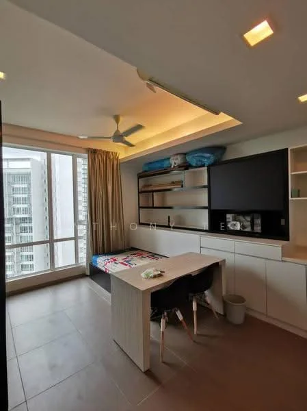 Bedroom features: queen-size bed with patterned bedding, built-in wardrobe with sliding doors, study desk with chair, wall-mounted TV, shelves above the desk, floor-to-ceiling windows, curtains, ceiling fan, recessed lighting, tile flooring, neutral wall color; style: modern; view: city.
