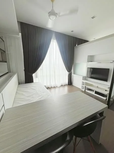 Room features: floor-to-ceiling windows, blackout curtains, 5-blade ceiling fan, light wood flooring, white cabinetry, TV console, wall-mounted TV, dining table with chairs; style: modern.