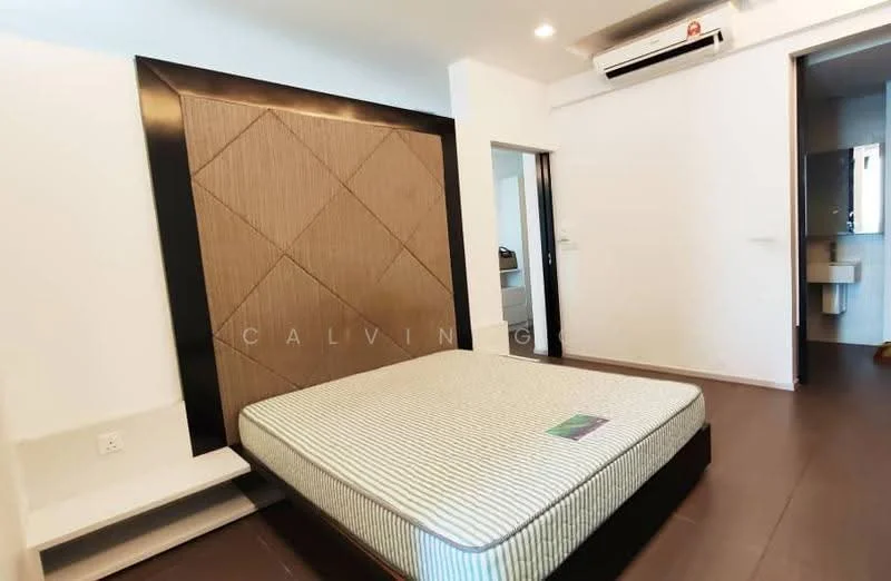 Bedroom features: queen-size bed frame, upholstered headboard with geometric pattern, wooden flooring, wall-mounted air conditioning unit, built-in wardrobe, nightstand, neutral wall color, recessed lighting; style: modern.