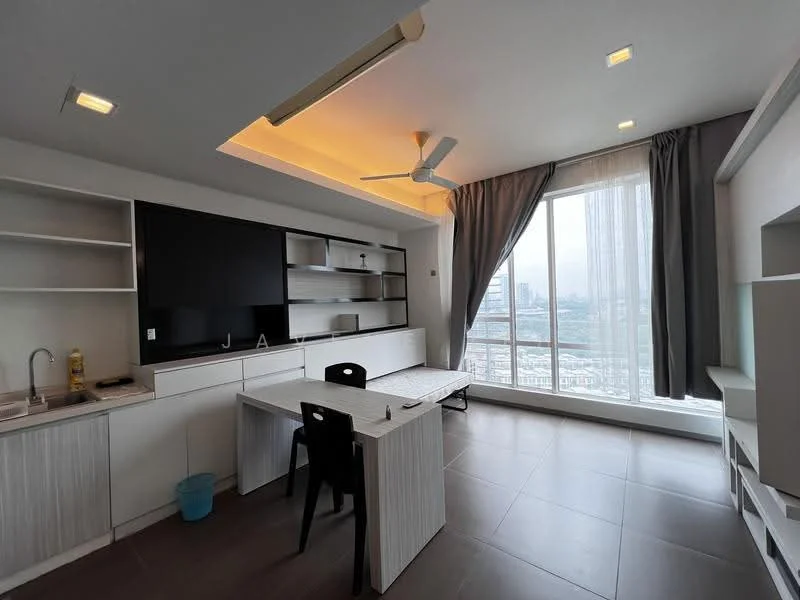 Living features: floor-to-ceiling windows, grey tiled flooring, white painted walls, recessed downlights, 5-blade ceiling fan, built-in cabinetry, black TV console, dining table with chairs, curtains, city view; style: modern; view: city.