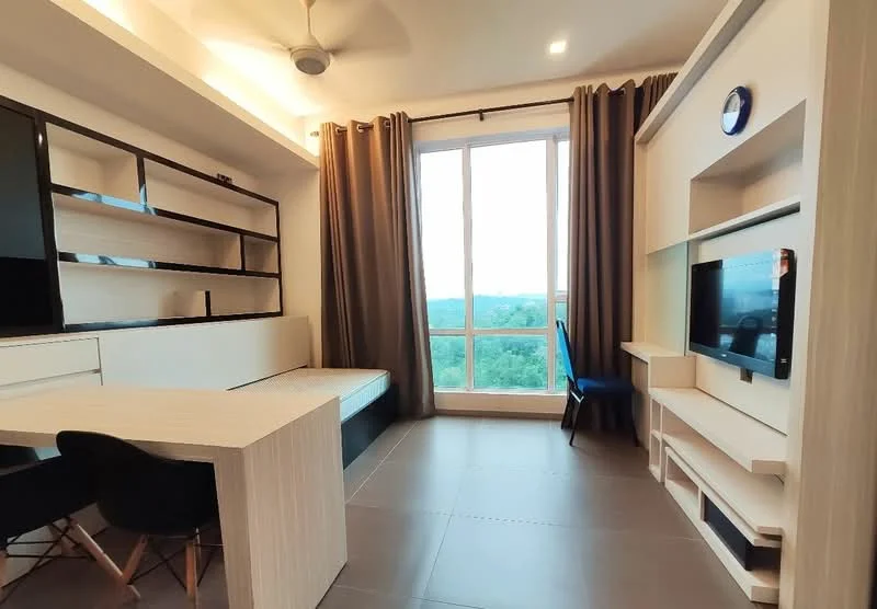 Living features: floor-to-ceiling windows, grey curtains, white painted walls, light wood cabinetry, built-in shelving unit, TV console, wall-mounted TV, ceiling fan, dining table with bench seating, blue upholstered chair, tile flooring; style: modern; view: garden.