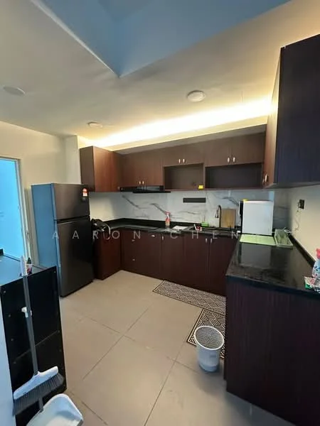 Kitchen features: dark wood cabinetry, black granite countertop, white tiled backsplash, stainless-steel fridge, built-in microwave, freestanding range oven, single-bowl stainless-steel sink, chrome pull-down faucet, tile flooring, recessed LED downlights, wall-mounted cabinets, open shelving, waste bin, kitchen rug; style: modern.