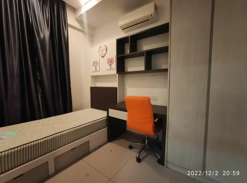 Bedroom features: single bed with mattress, built-in wardrobe, study desk with chair, orange office chair, wall-mounted air conditioning unit, dark curtains, light grey walls, floor tiles, shelves above desk; style: modern.