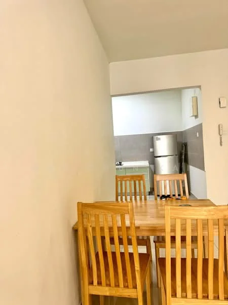 Dining features: wooden dining table, 4 wooden dining chairs, light-colored walls, sloped ceiling, open layout to kitchen, tile flooring, refrigerator visible in background; style: modern.