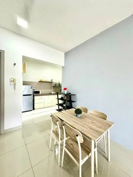 Dining features: 4-seater wooden dining table, white chairs, grey painted walls, glossy tile flooring, small potted plant on table, refrigerator visible in kitchen area, kitchen cabinetry visible, countertop visible; style: modern.