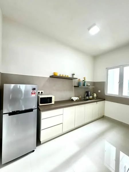 Kitchen features: stainless-steel fridge, built-in microwave, white cabinetry with flat-panel doors, grey countertop, white walls, tile flooring, single-bowl stainless-steel sink, chrome pull-down faucet, window with white frame, decorative items on countertop; style: modern.