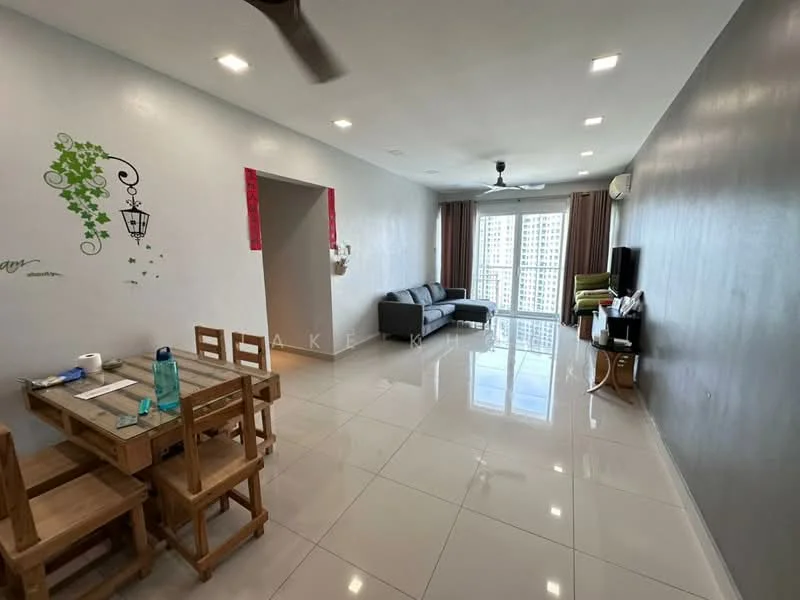 Living features: white painted walls, glossy ceramic tile flooring, 5-blade ceiling fan with light, sofa in grey, wall-mounted TV, TV console, coffee table, large glass sliding door, curtains, decorative wall art, dining table with 4 wooden chairs; style: modern; view: city.
