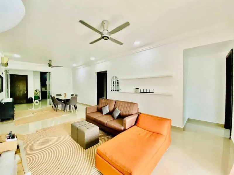 Living features: 3-seater brown leather sofa, orange L-shape sectional sofa, coffee table, area rug with circular pattern, 5-blade ceiling fan with light, recessed LED downlights, white painted walls, tile flooring, built-in shelving unit, wall-mounted decor, floor-to-ceiling windows, dining area visible in background; style: modern.