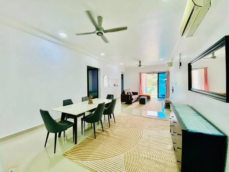 Dining features: white painted walls, polished tile flooring, 5-blade ceiling fan with light, dining table with 6 black chairs, area rug with circular pattern, large mirror on wall, sliding glass door, curtains in pink, sofa in dark color, wall-mounted air conditioning unit; style: modern; view: garden.