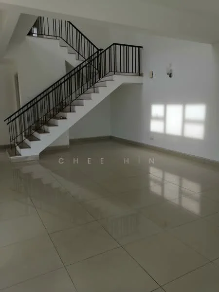 Room features: white painted walls, glossy ceramic tile flooring, staircase with black metal railing, large windows allowing natural light, recessed wall sconces, open layout, high ceiling; style: modern.